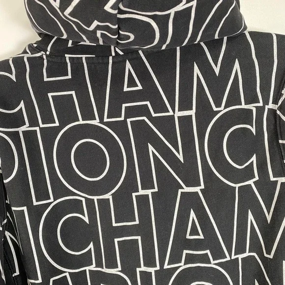 Champion Reverse Weave Hoodie Mens Medium Black All Over Pullover Sweatshirt - Picture 8 of 12